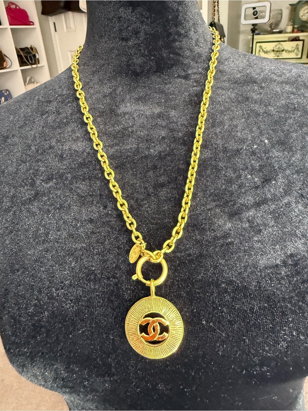 CHANEL Gold-Tone Chain Necklace with Circular CC Pendant